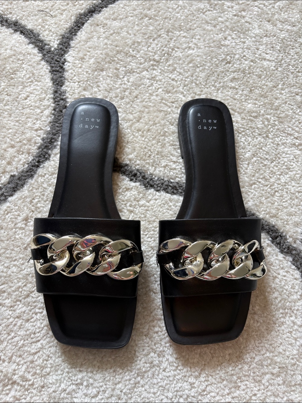 a new day Black Slide Sandals with Silver Chain Accent